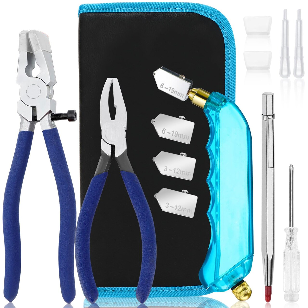 Glass Cutting Tool Kit Includes Blue Grip Oil Feed Glass Cutter with 2 pliers, 3 Extra Replacement Head, Tungsten Scribe Engraving Pen, Screwdriver and Oil Dropper